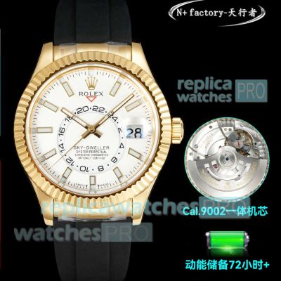 N+ Factory Clone Swiss Rolex Sky-Dweller Gain Weight Gold Case 9002 Oysterflex Watch 42mm
